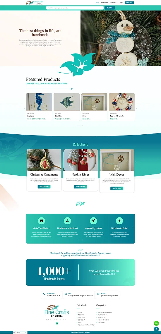 Tienda online de Fine Crafts by Andrea, desarrollada por DKODING, en un teléfono